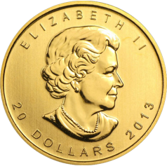 Золотая монета Канады "Кленовый лист", Canadian Gold Maple Leaf 20 долларов, 1/2 oz