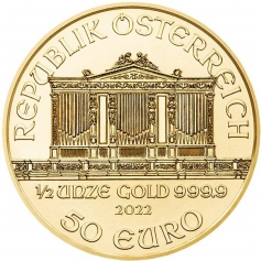Золотая монета "Венская Филармония"(Филармоникер),Austrian Gold Philharmonic 1/2 oz